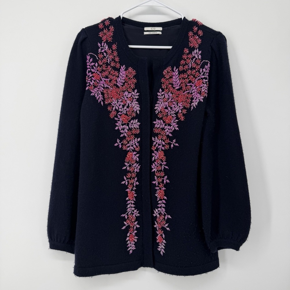 CO Collection‎ Cashmere Wool Cardigan Sweater Size Small Navy Blue Beaded Detail